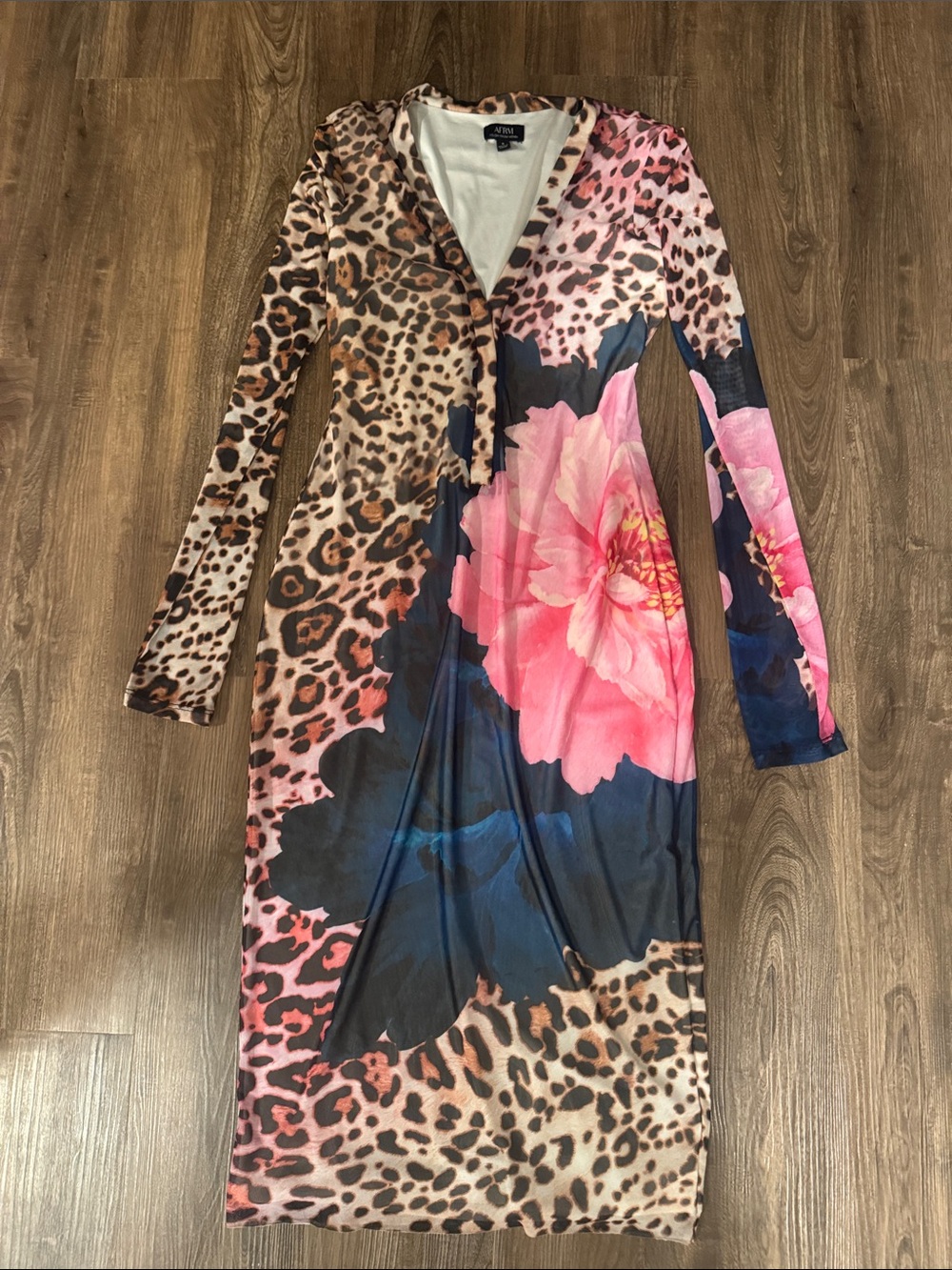 AFRM Leopard & Pink Floral Long Sleeve Midi Dress